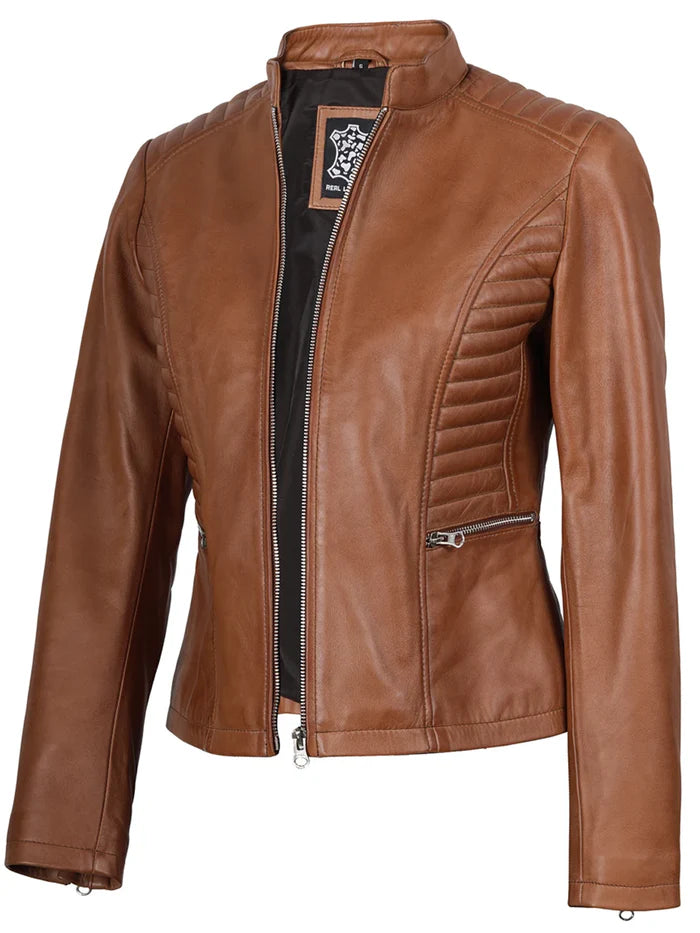 Rachel Womens Tan Cafe Racer Leather Jacket