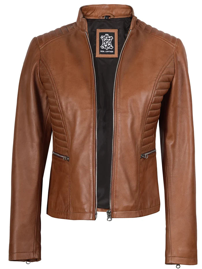 Rachel Womens Tan Cafe Racer Leather Jacket