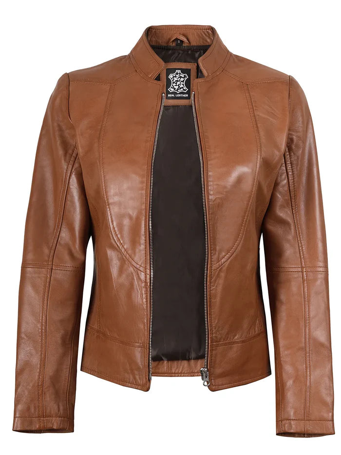 Amy Womens Cafe Racer Tan Brown Real Leather Jacket
