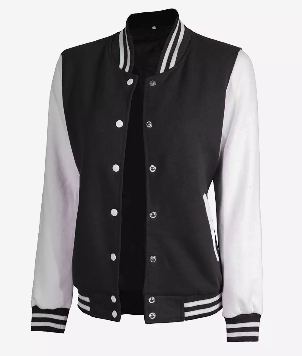 Women’s White and Black Varsity Jacket – Baseball Style Bomber