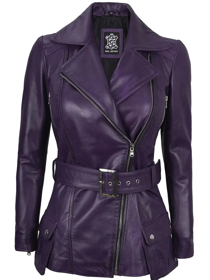 Women's Purple Asymmetrical Leather Biker Style Jacket
