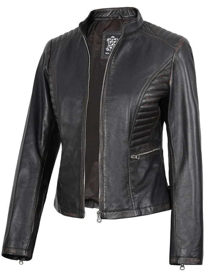 Rachel Women's Vintage Dark Brown Biker Style Leather Jacket