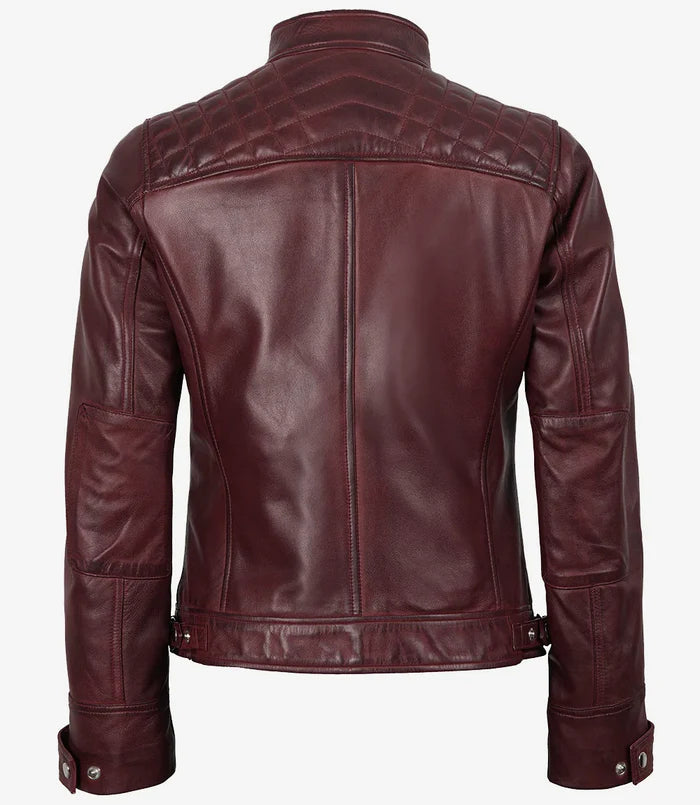 Johnson Women's Burgundy Quilted Cafe Racer Leather Jacket