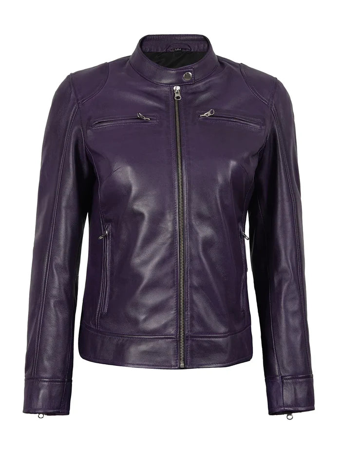 Dodge Womens Biker Style Purple Leather Jacket