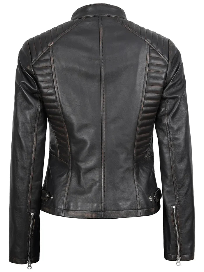 Rachel Women's Vintage Dark Brown Biker Style Leather Jacket