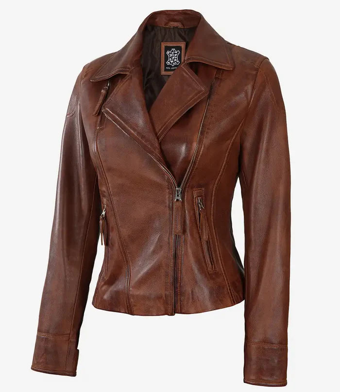 Ramsey Women's Cognac Brown Asymmetrical Leather Jacket