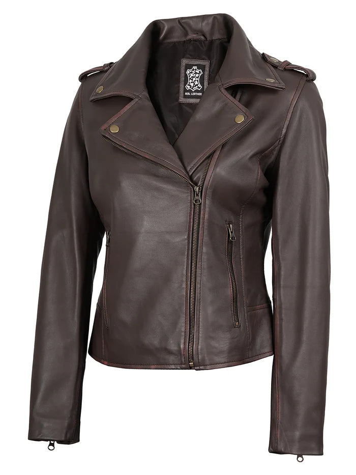 Kirsten Purple Brown Leather Biker Style Jacket Womens