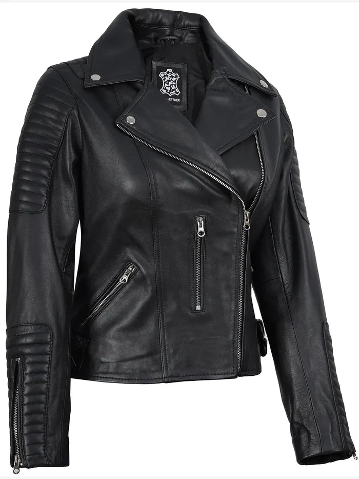 Bari Women Asymmetrical Black Leather Biker Style Jacket