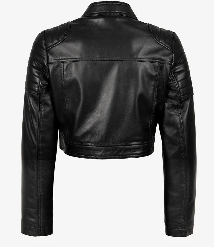 Women's Black Cropped Leather Biker Style Jacket
