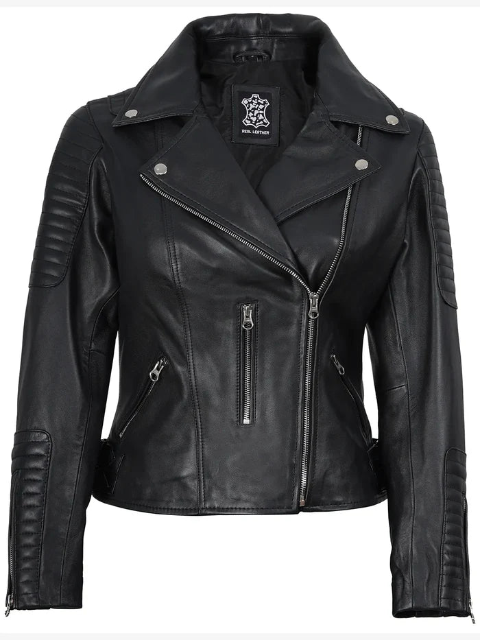 Bari Women Asymmetrical Black Leather Biker Style Jacket