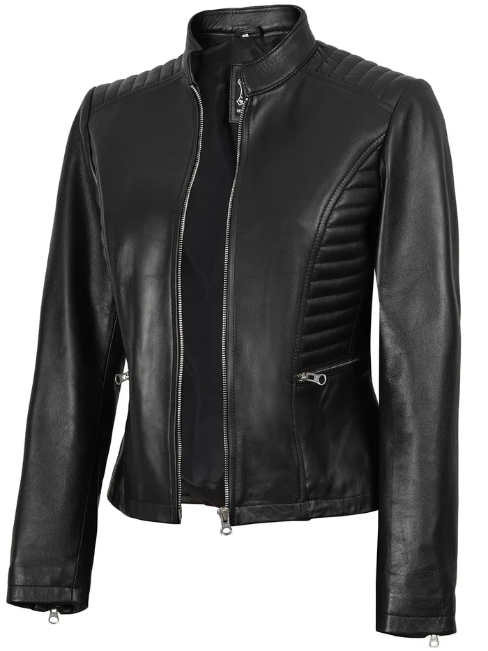 Rachel Women's Black Cafe Racer Style Leather Jacket