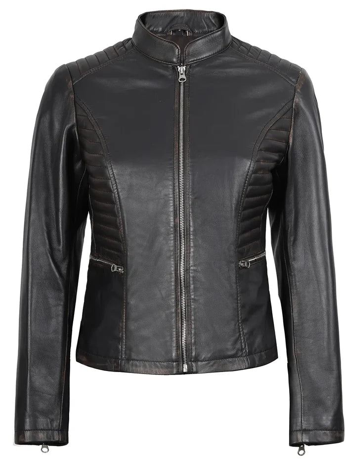 Rachel Women's Vintage Dark Brown Biker Style Leather Jacket