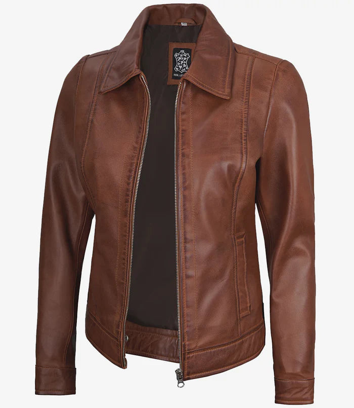 Women's Harrington Leather Jacket Cognac Brown Wax