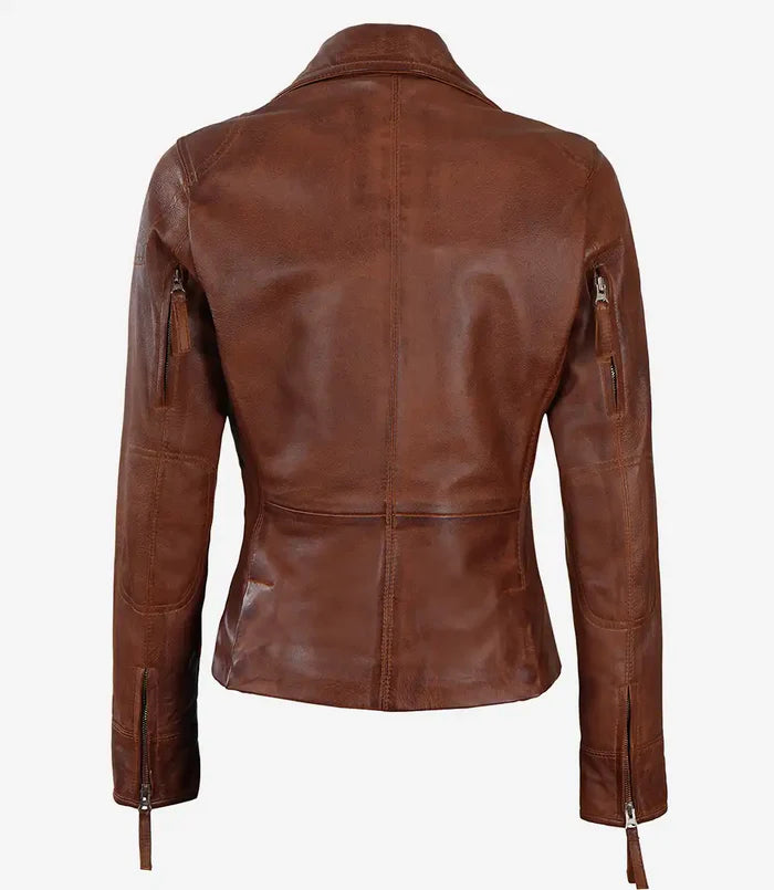 Ramsey Women's Cognac Brown Asymmetrical Leather Jacket