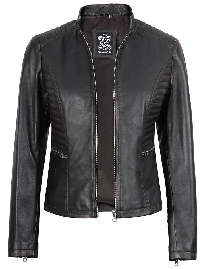 Rachel Women's Vintage Dark Brown Biker Style Leather Jacket