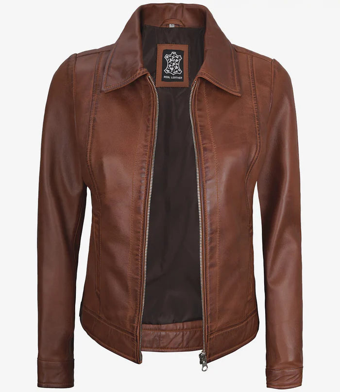 Women's Harrington Leather Jacket Cognac Brown Wax