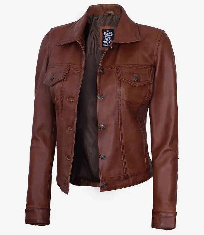 Fernando Womens Cognac Brown Leather Trucker Jacket