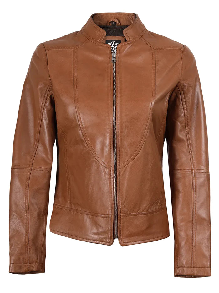 Amy Womens Cafe Racer Tan Brown Real Leather Jacket