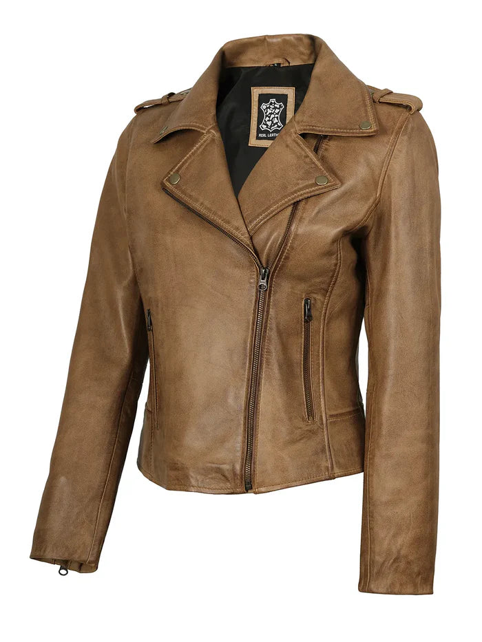 Kirsten Womens Asymmetrical Camel Brown Biker Style Leather Jacket