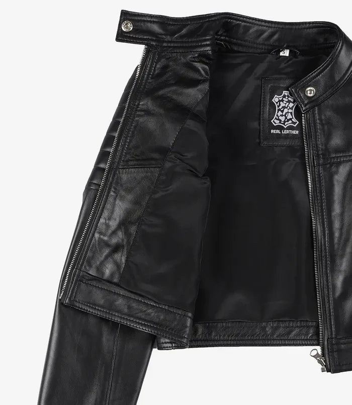 Women's Black Cropped Leather Biker Style Jacket