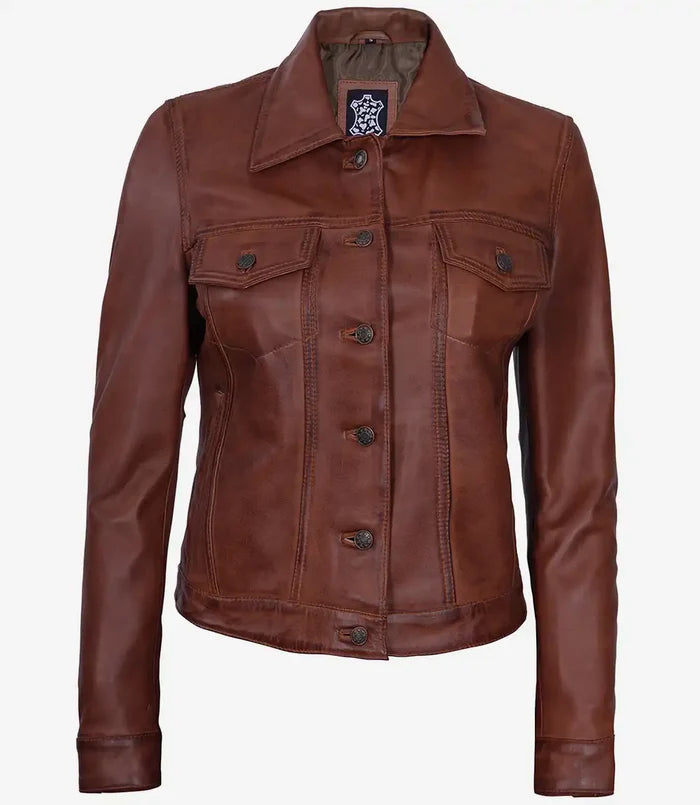 Fernando Womens Cognac Brown Leather Trucker Jacket