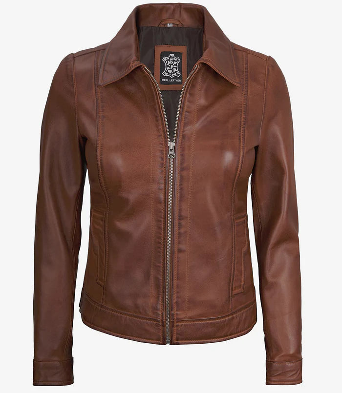 Women's Harrington Leather Jacket Cognac Brown Wax