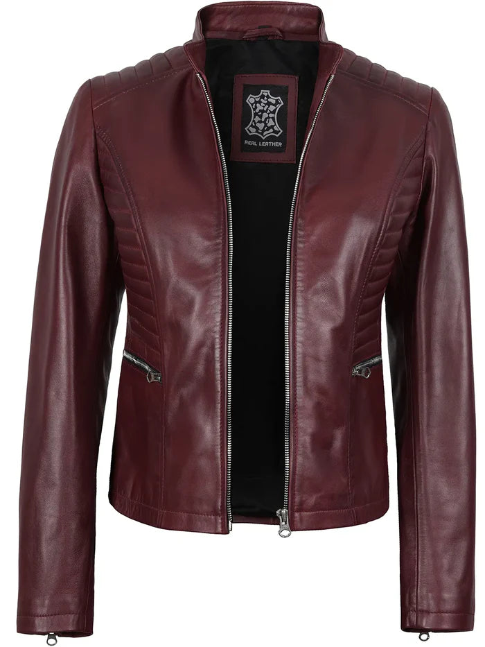 Women's Burgundy Cafe Racer Leather Jacket