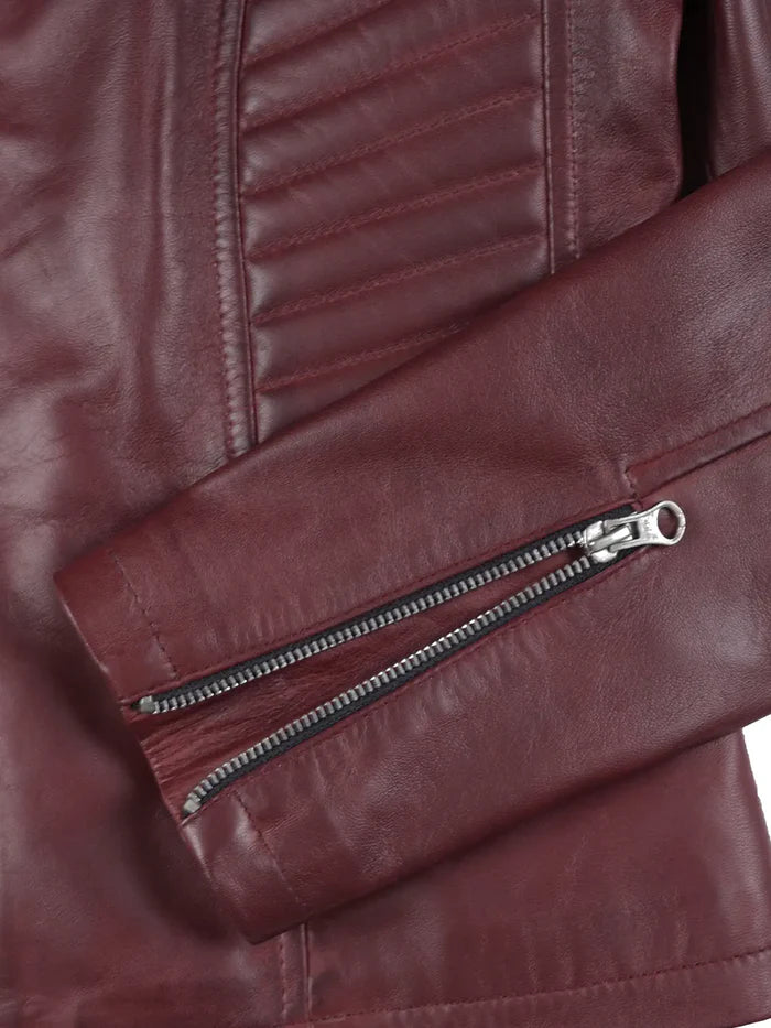 Women's Burgundy Cafe Racer Leather Jacket