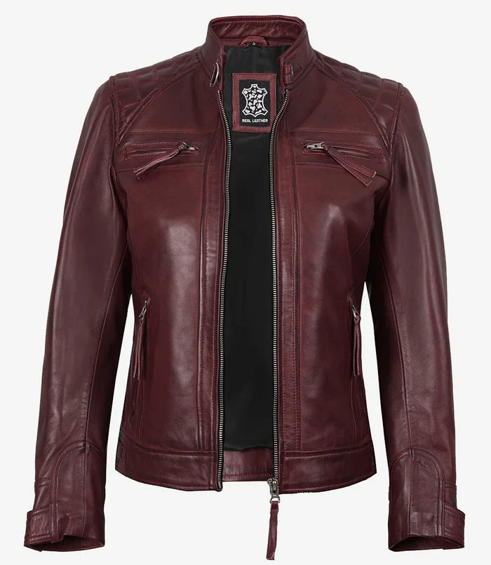 Johnson Women's Burgundy Quilted Cafe Racer Leather Jacket