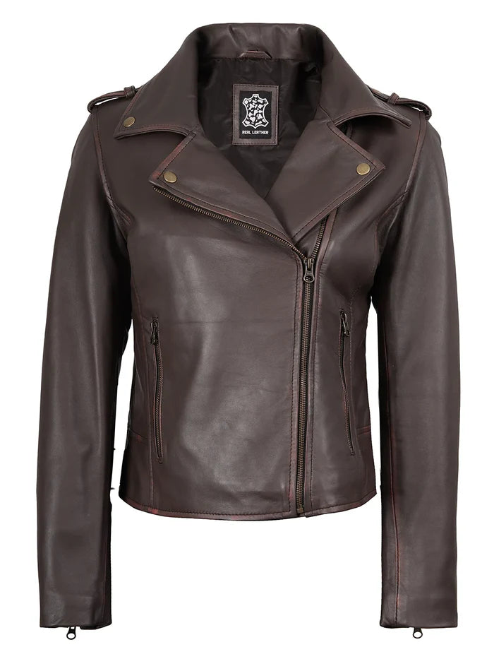 Kirsten Purple Brown Leather Biker Style Jacket Womens