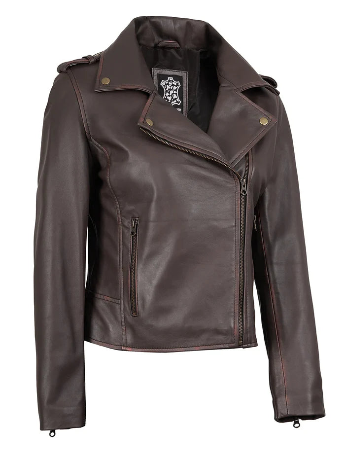 Kirsten Purple Brown Leather Biker Style Jacket Womens