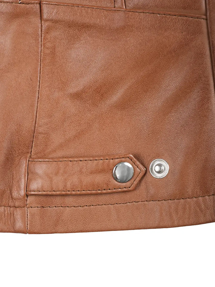 Rachel Womens Tan Cafe Racer Leather Jacket