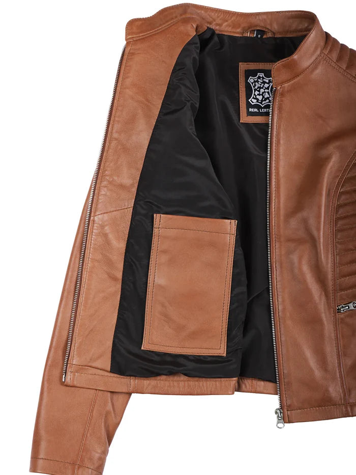 Rachel Womens Tan Cafe Racer Leather Jacket