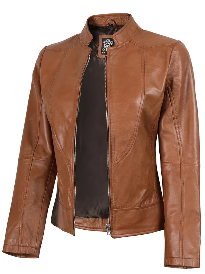 Amy Womens Cafe Racer Tan Brown Real Leather Jacket