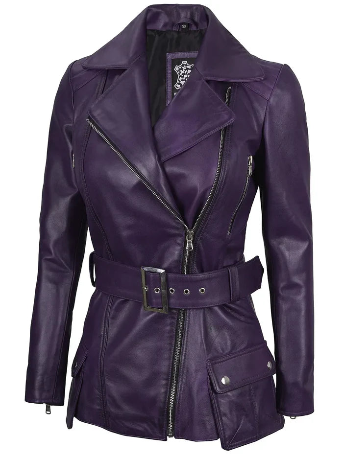 Women's Purple Asymmetrical Leather Biker Style Jacket