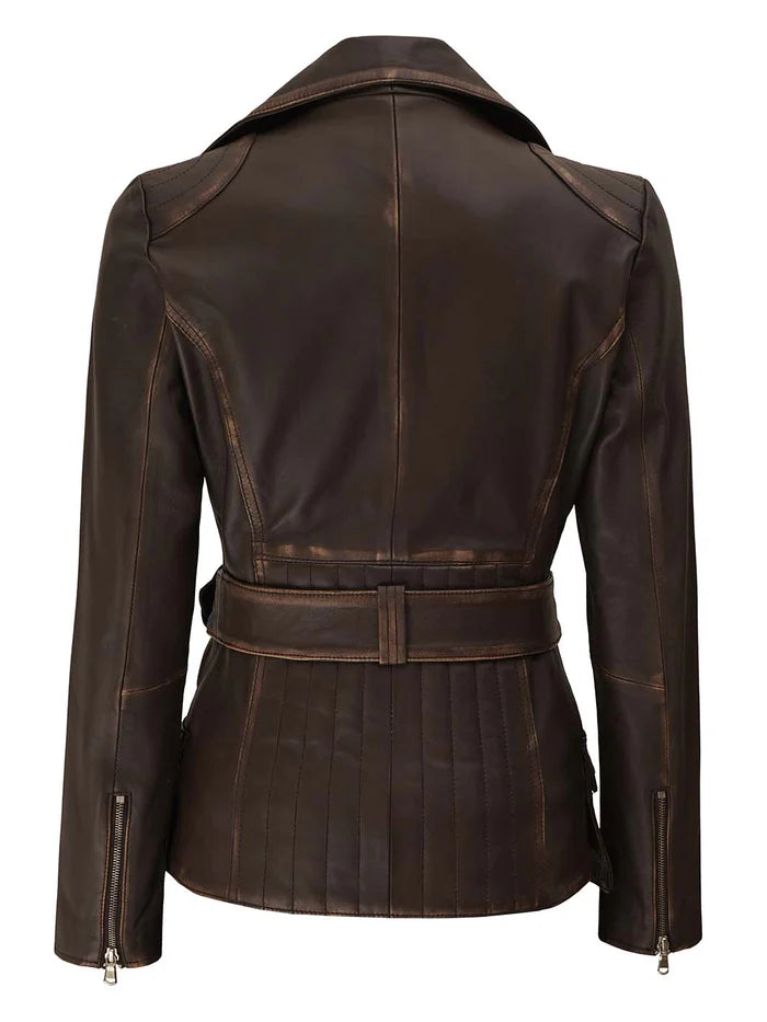 Women's Distressed Brown Asymmetrical Leather Biker Style Jacket