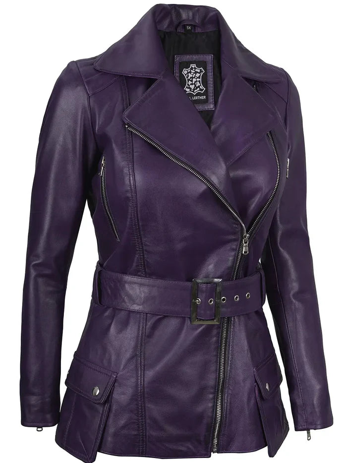 Women's Purple Asymmetrical Leather Biker Style Jacket