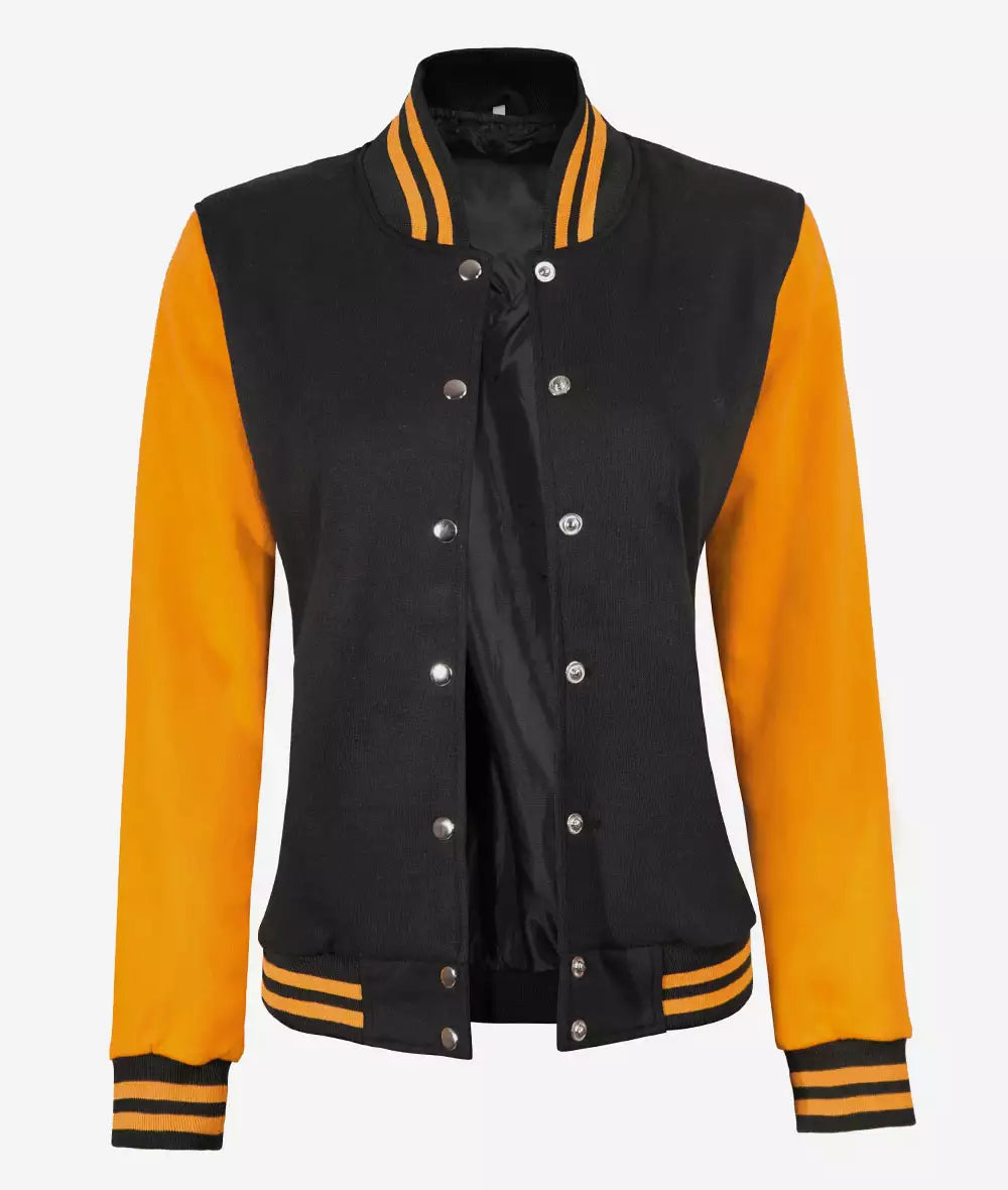 Women’s Black and Yellow Letterman Jacket – Baseball Style Varsity Bomber